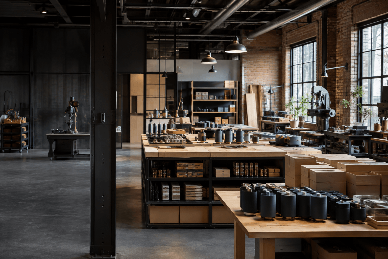 Industrial workshop with workbenches, exposed brick, and large windows