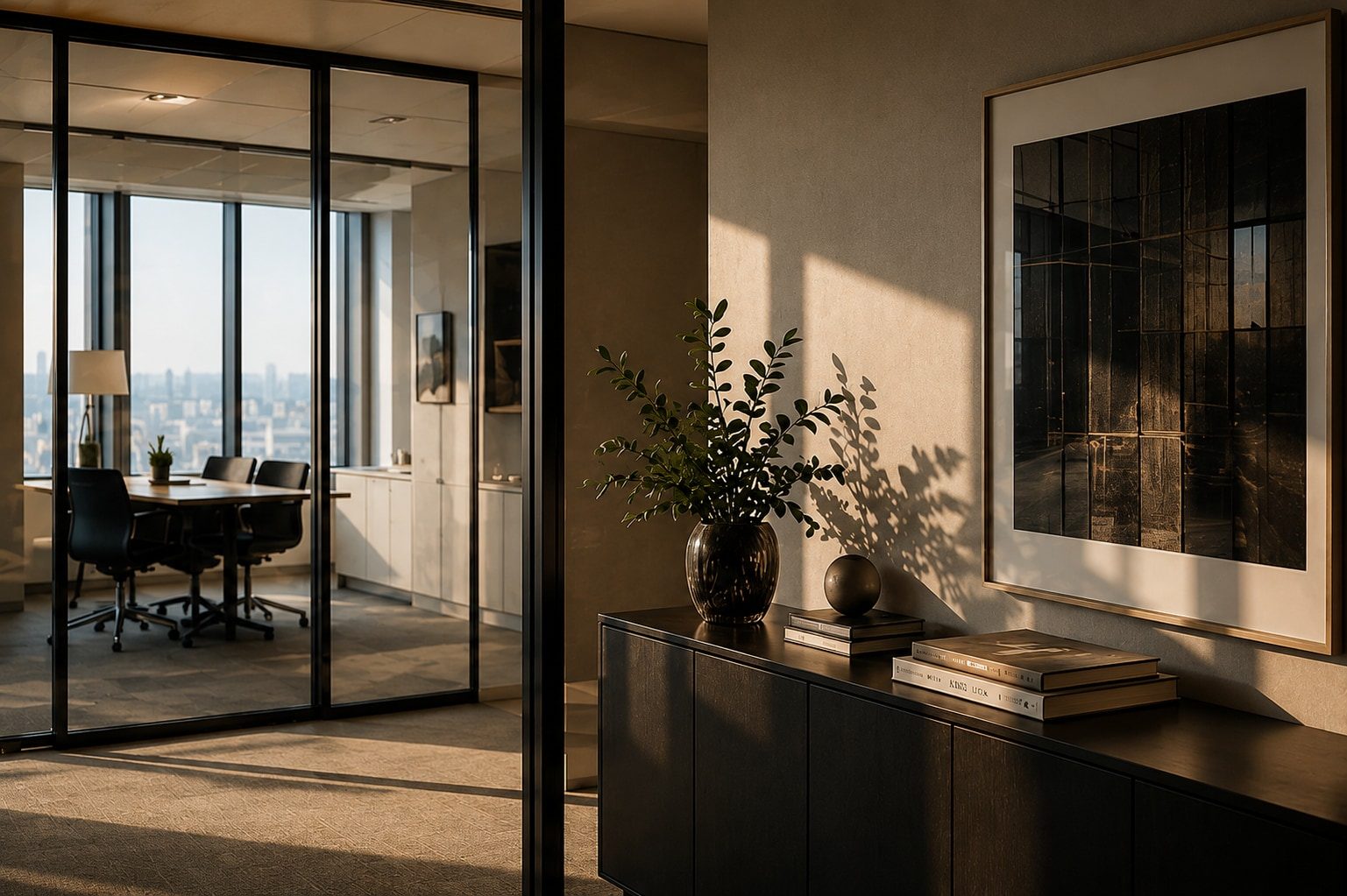 Sunlit office interior with a glass-walled boardroom and credenza