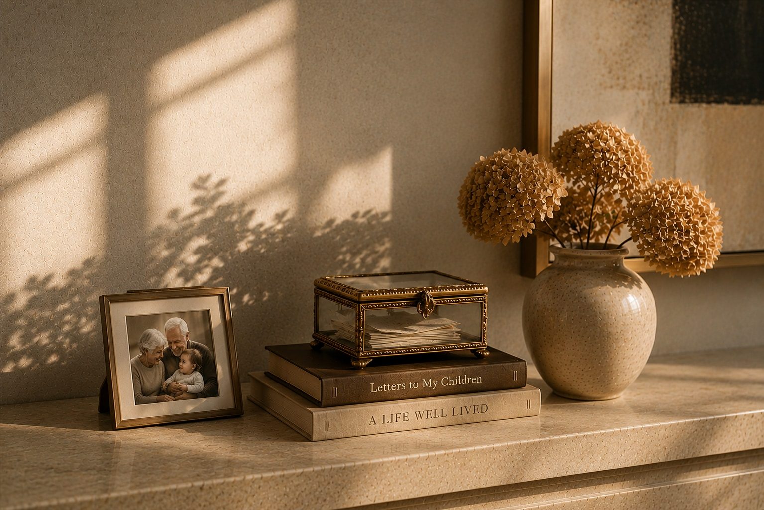 A framed family photograph, a keepsake box of letters, and dried flowers on a sunlit mantle